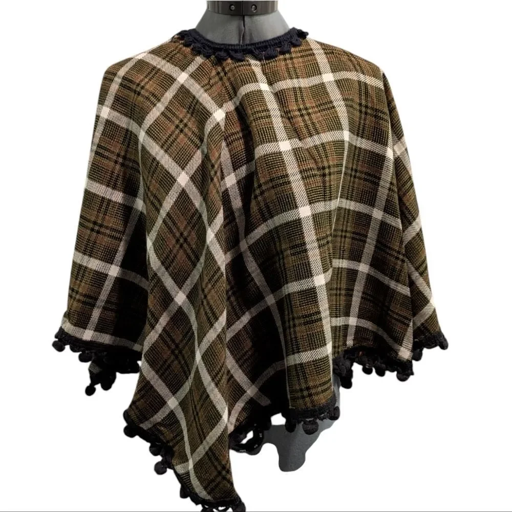 70s Vintage Wool Plaid Poncho & Matching Skirt with Pom Pom‎ Trim MCM